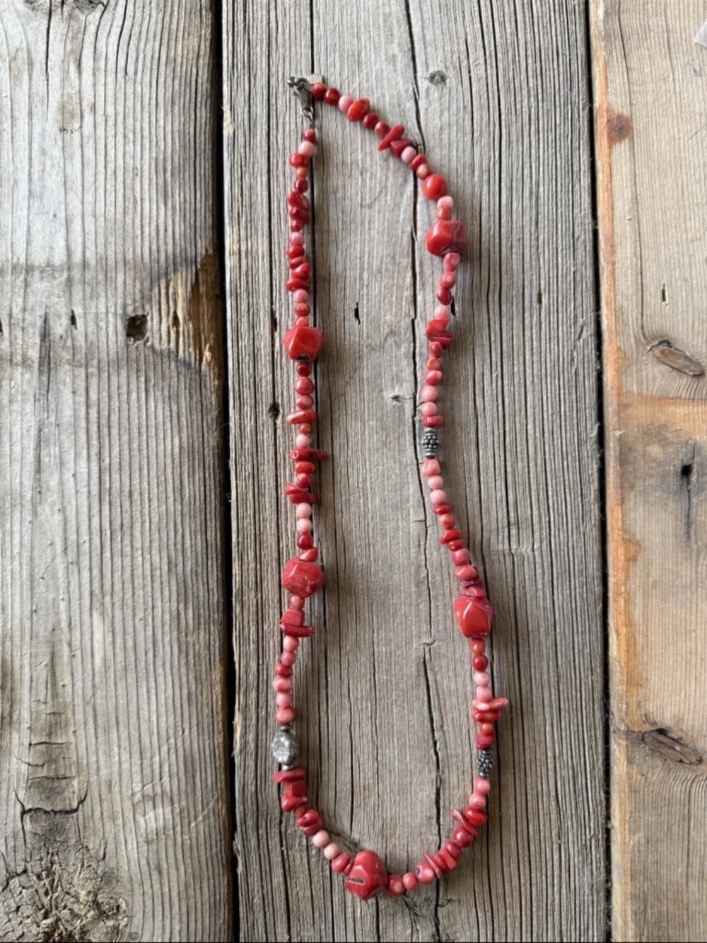 Peyote Bird Vintage Sterling, Red Coral & Angel Skin Coral  Beaded Necklace ~25”